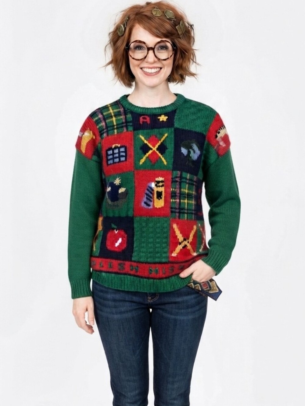 Vintage 90s Northern Isles M Hand-knit Patchwork Sweater Kitsch School Teacher